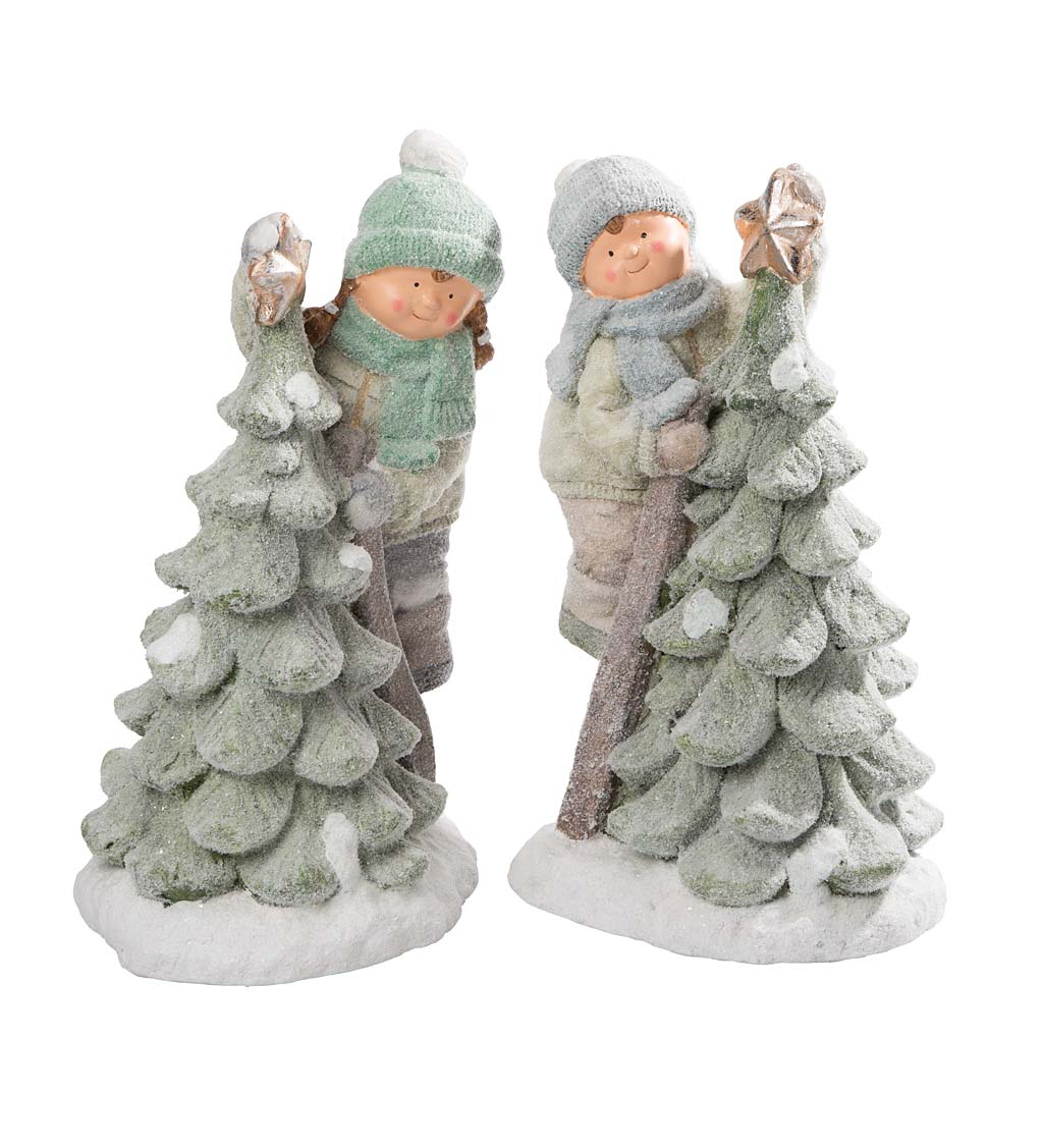 Boy and Girl on Ladders Placing Stars Atop Christmas Trees, Set of 2
