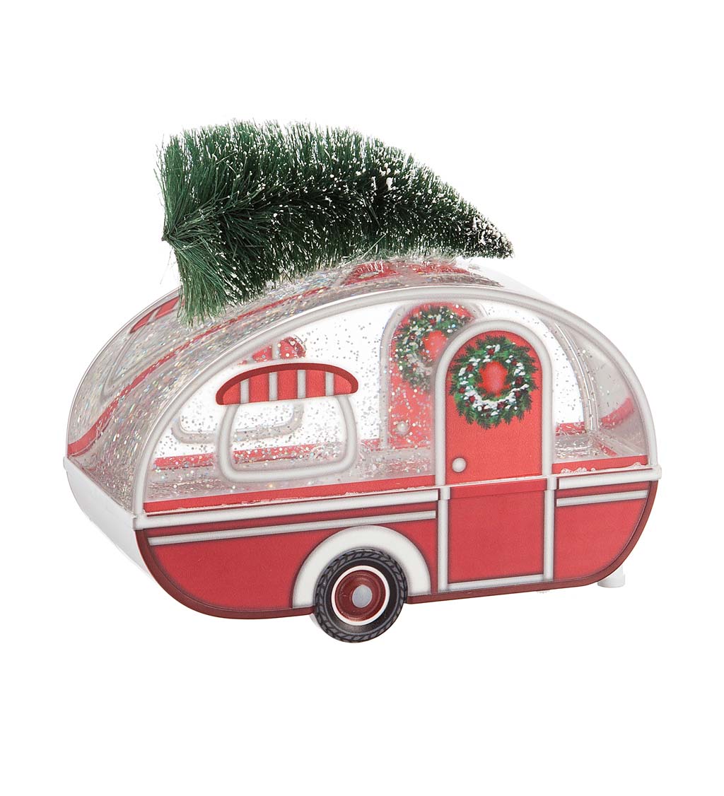 Holiday Vintage Camper with Bottle Tree Lighted Glitter Water Globe