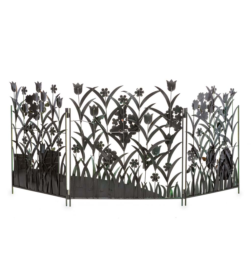 Handcrafted Metal Bees and Flowers Three-Panel Garden Screen