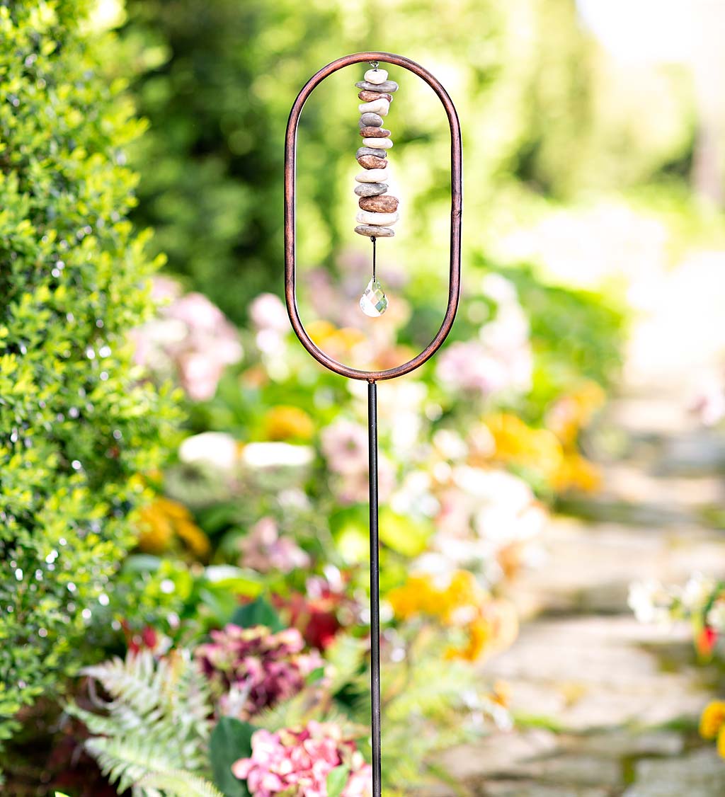 Metal Garden Stake with String of Faux River Rocks and a Glass Crystal