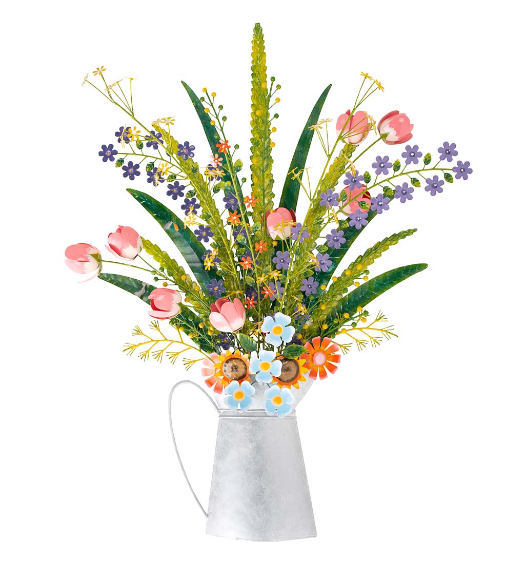 Metal Pitcher of Tulips and Spring Wildflowers Wall Art