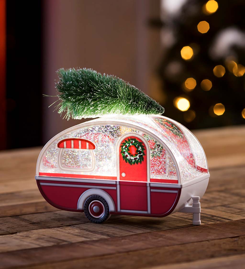 Holiday Vintage Camper with Bottle Tree Lighted Glitter Water Globe