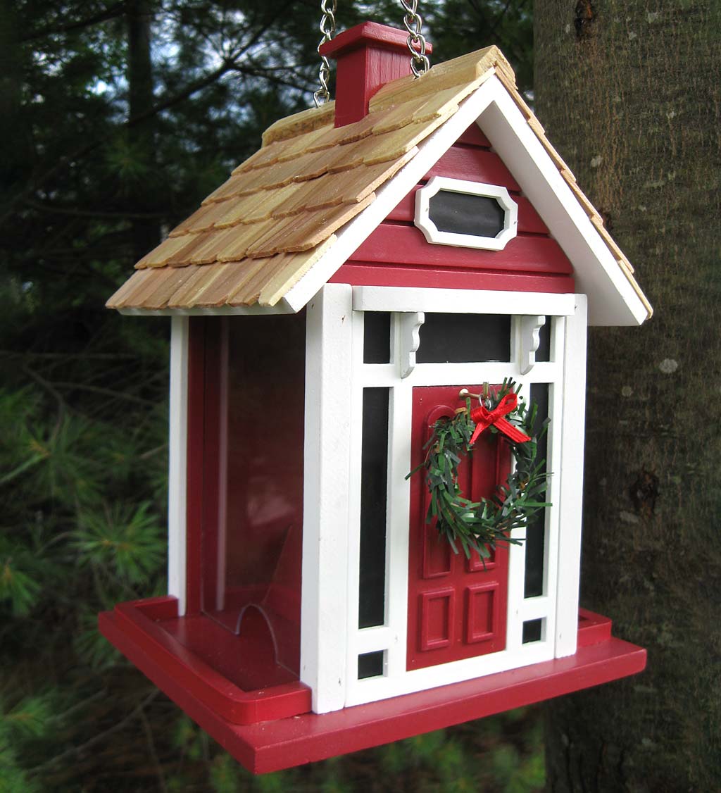 Red Christmas Cottage Hanging Bird Feeder with Brass Chain