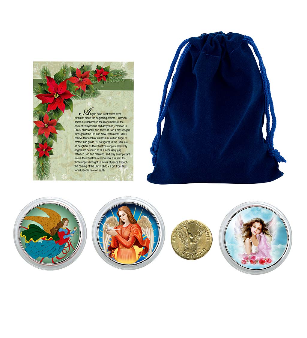 Colorized Angel Coin Collection in Blue Drawstring Pouch