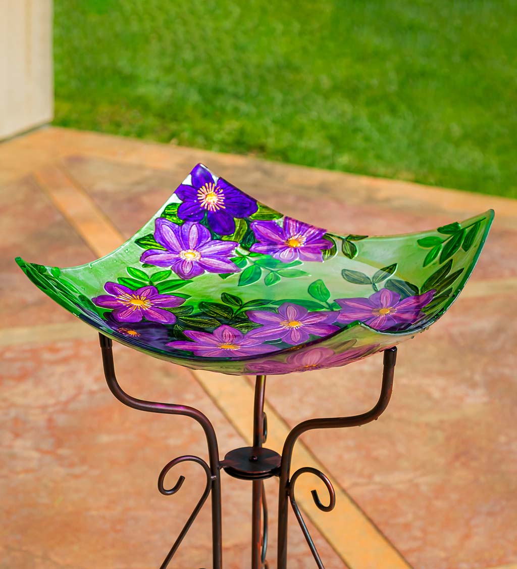 Hand Painted Embossed Square Glass Purple Floral Bird Bath Basin