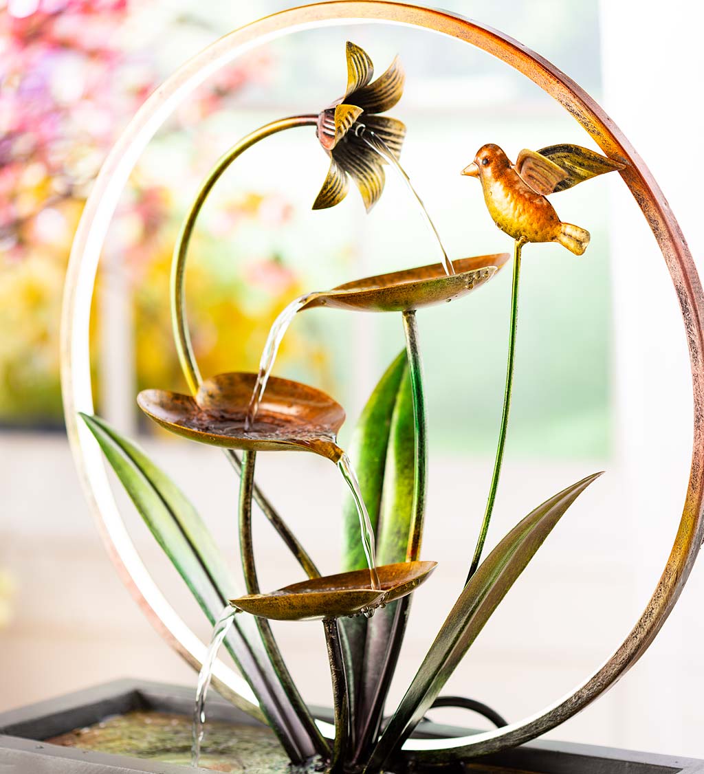 Metal Lily Flower Indoor Fountain With Wood Base and Circular LED Light