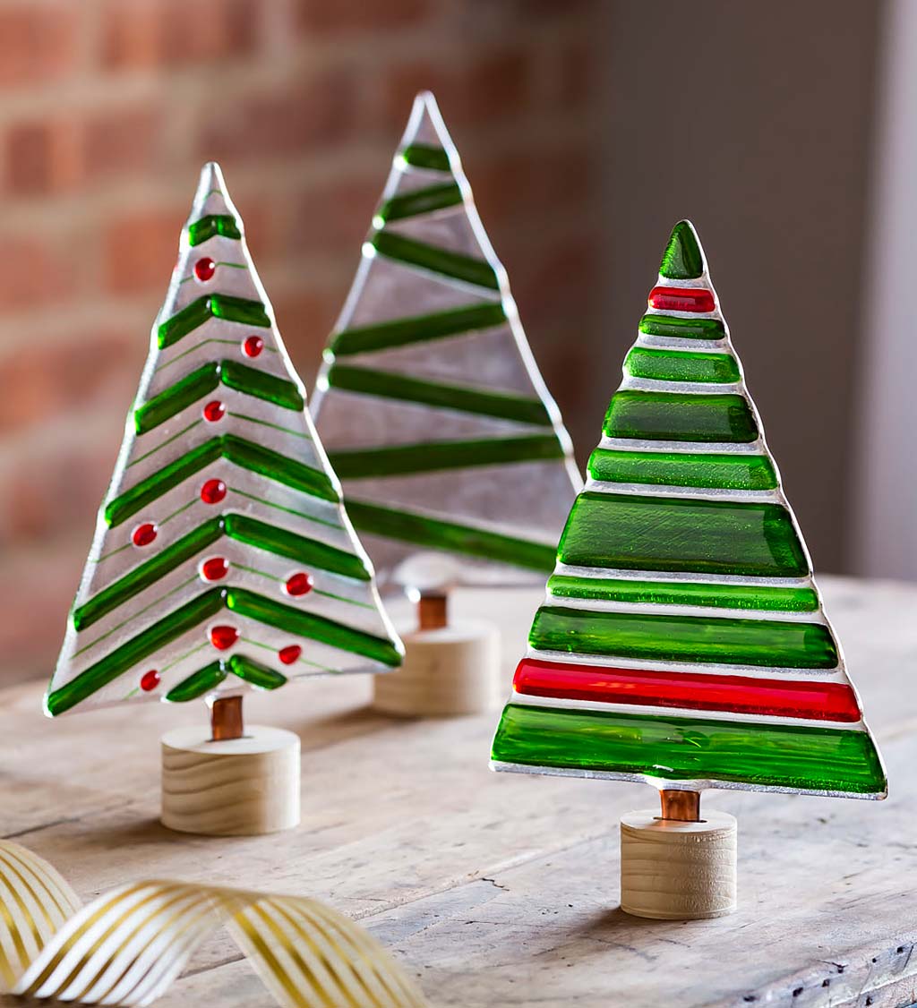 Glass Holiday Trees with Wooden Base, Set of 3