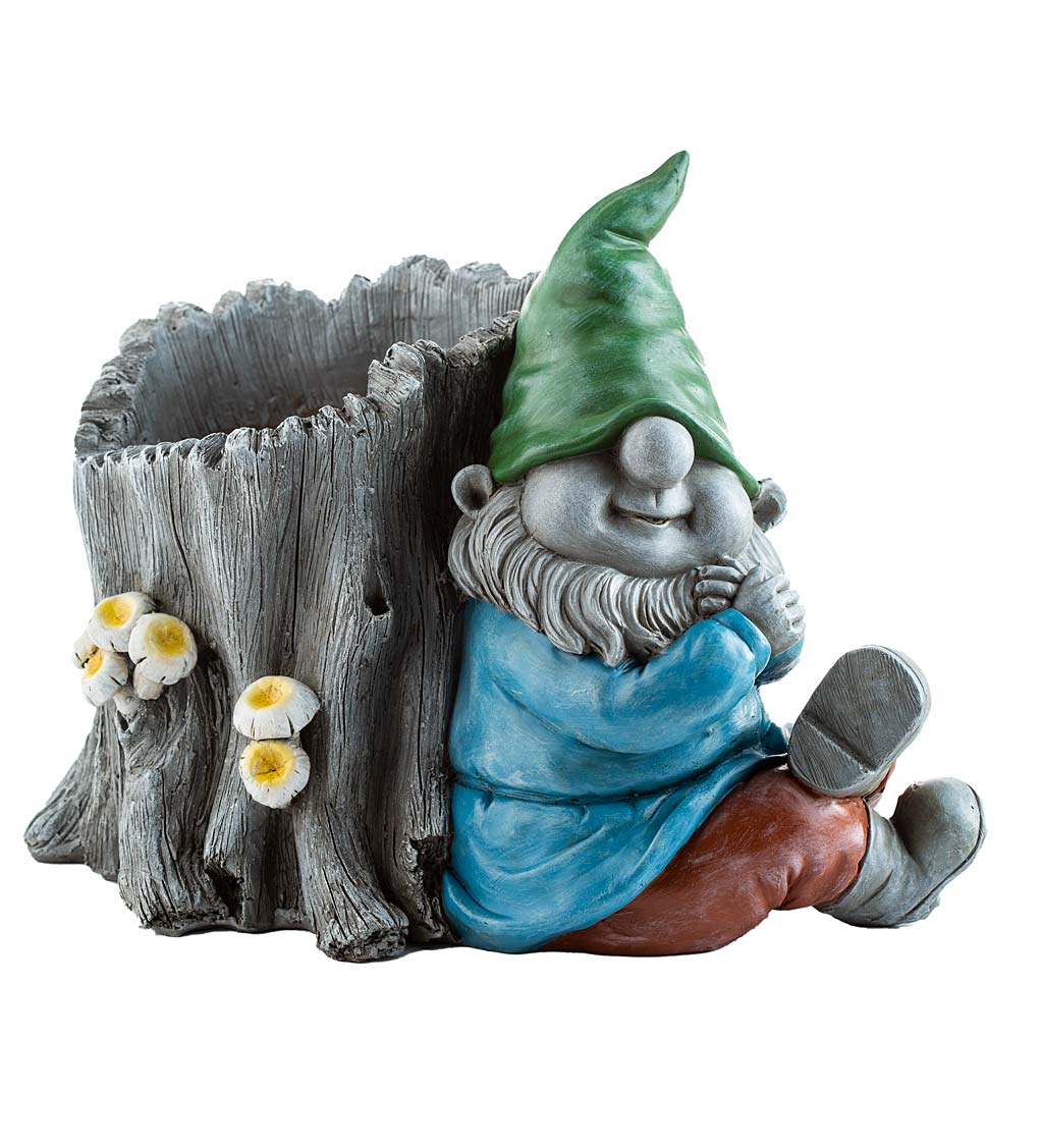 Gnome and Tree Stump Resin Outdoor Planter with Drainage Hole