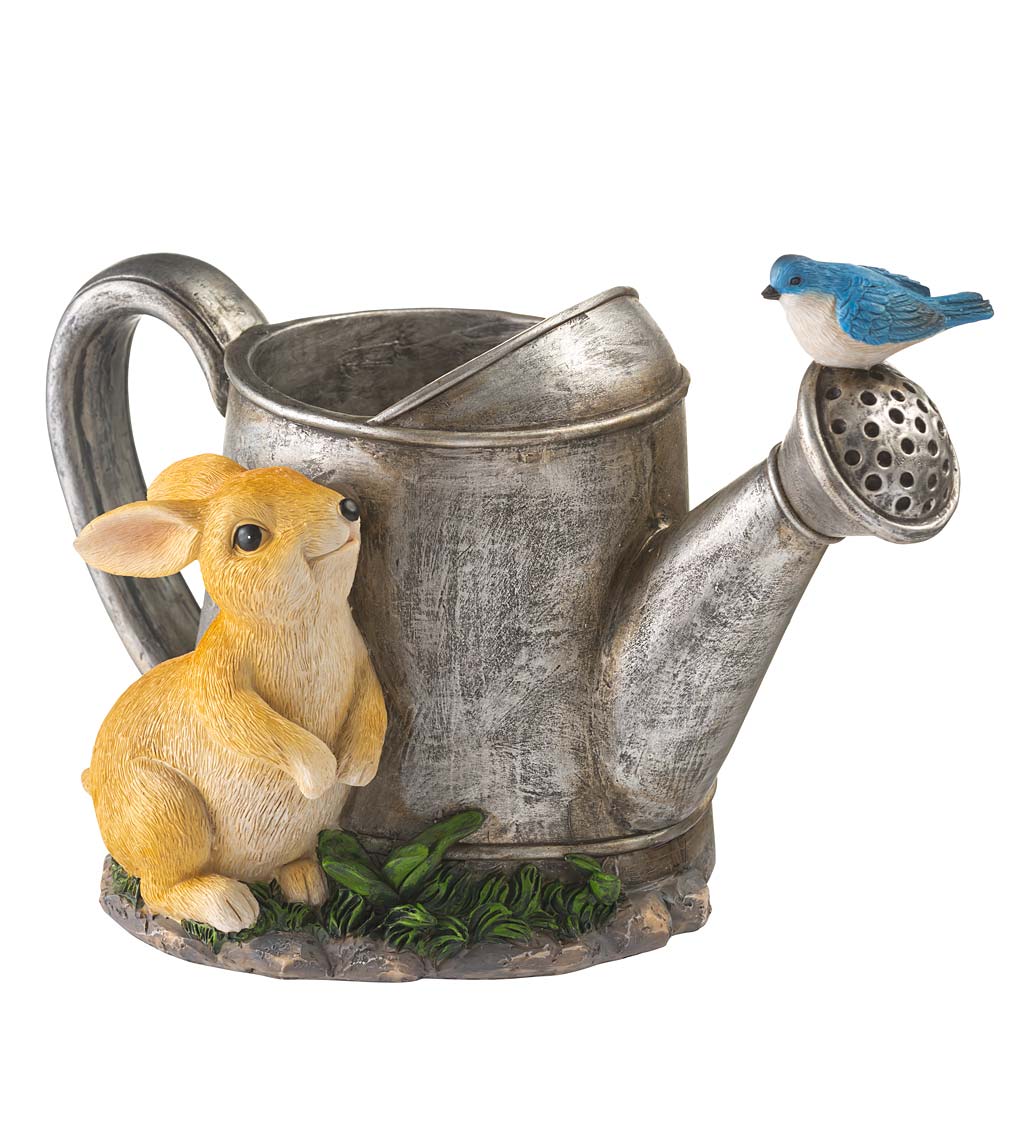 Resin Watering Can Planter with Visiting Bunny and Bluebird