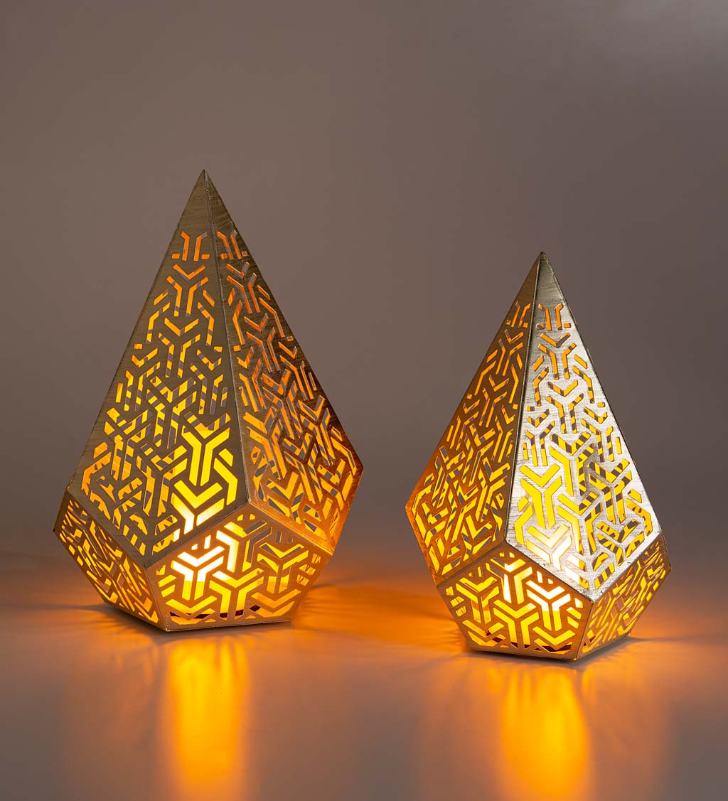Gold-Framed Pyramid Lantern Lights, Set of 2