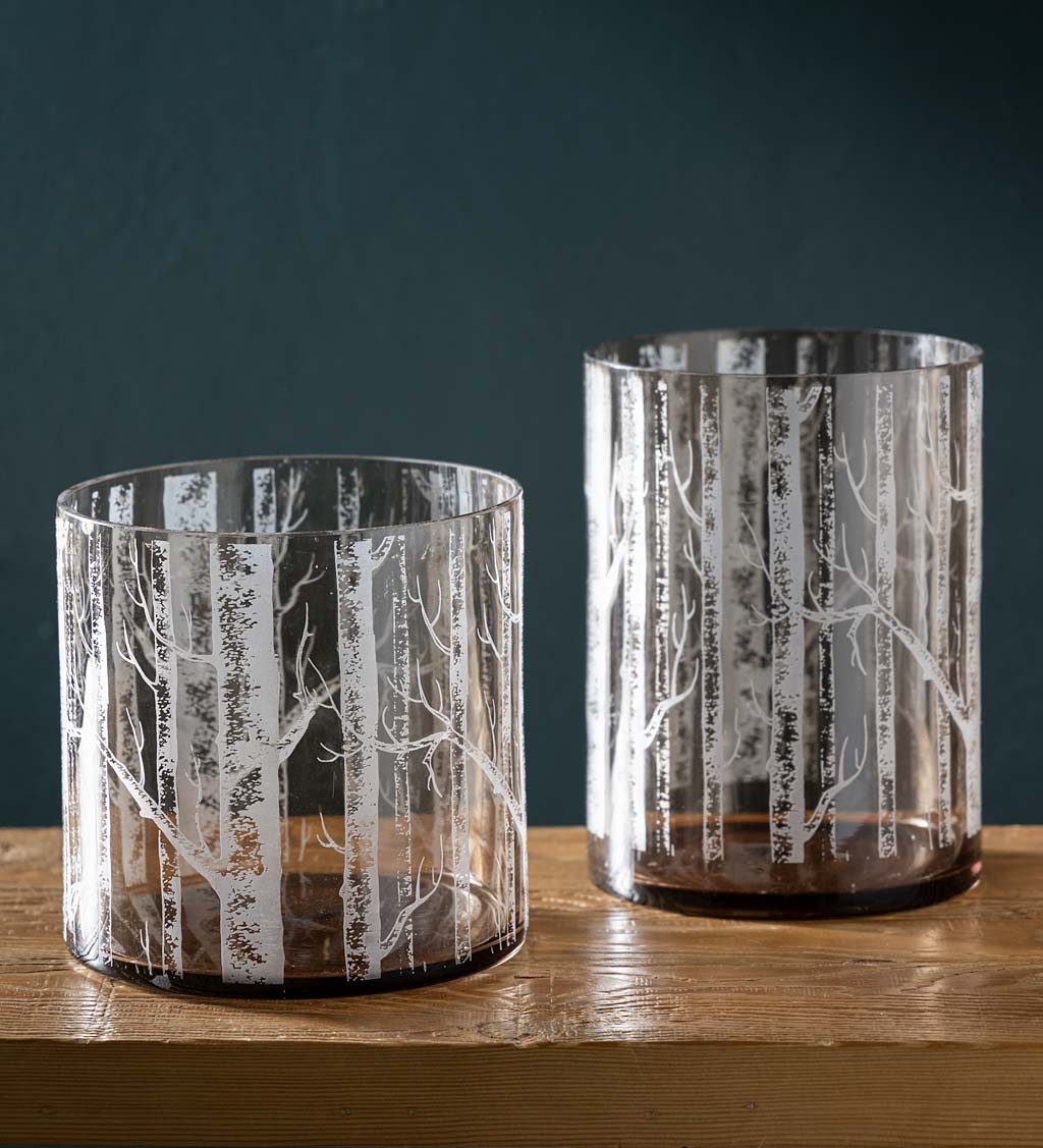 Birch Branch Etched Hurricane Lanterns, Large and Small