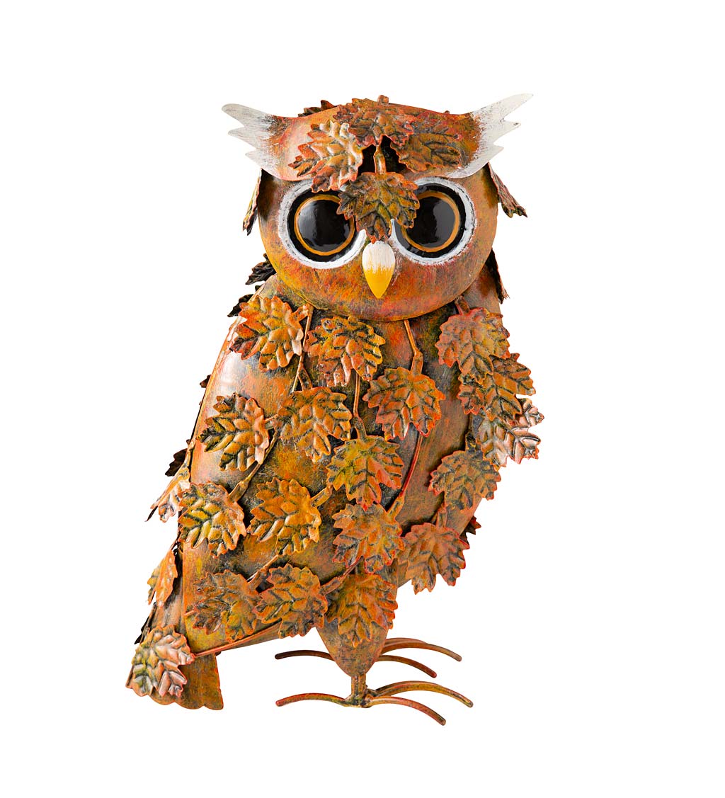 Handcrafted Fall Leaves Painted Metal Owl Garden Statue