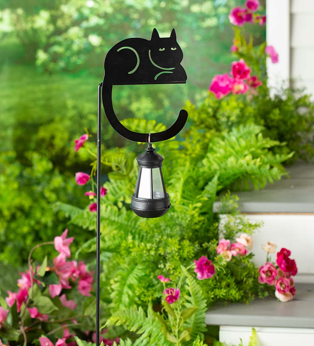 Metal Cat Silhouette Garden Stake with Solar Lantern