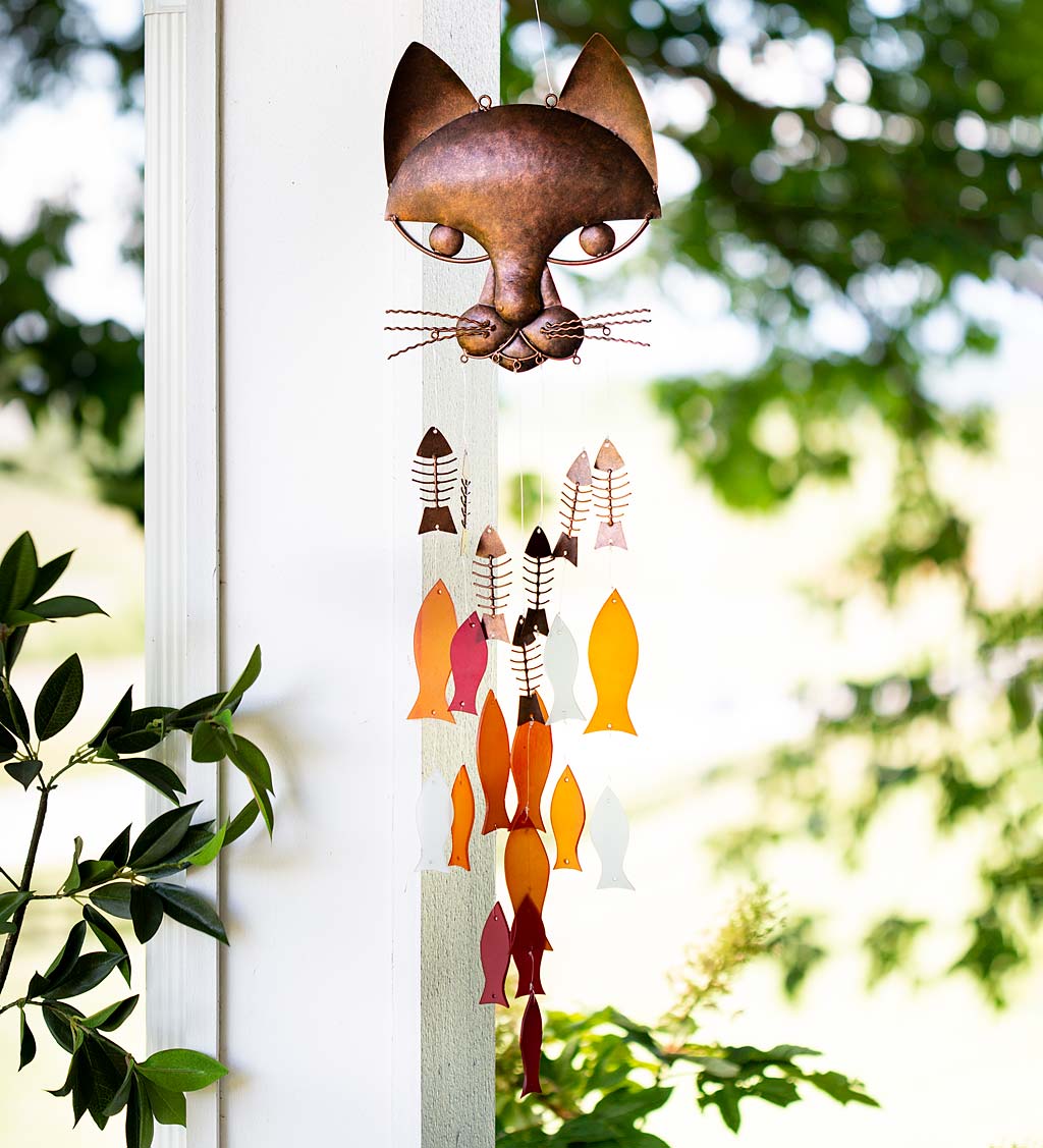 Handcrafted Metal Cat and Recycled Glass Fish Wind Chime