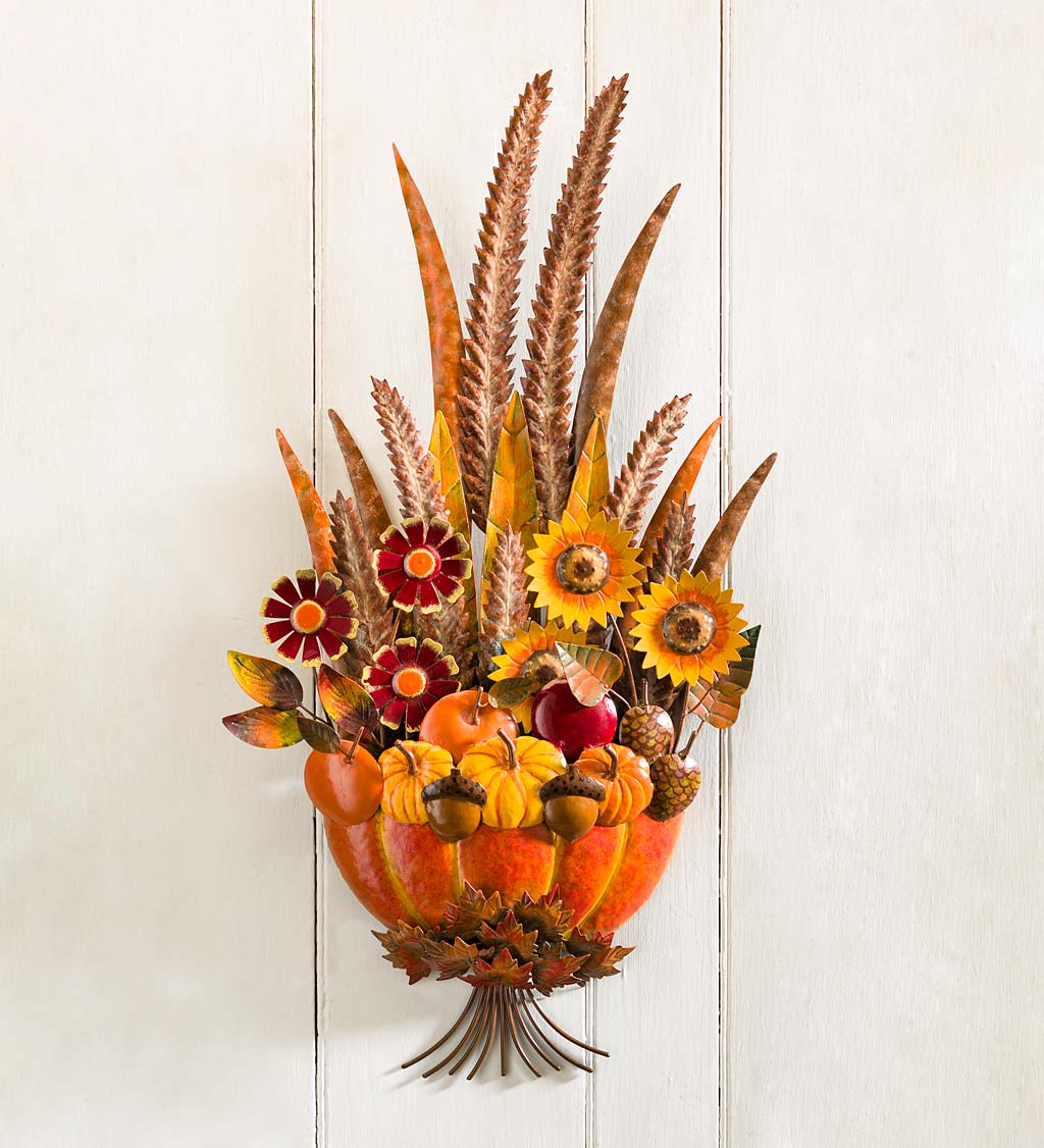 Handcrafted Metal Autumn Wall Bouquet With Flowers, Leaves and Pumpkin