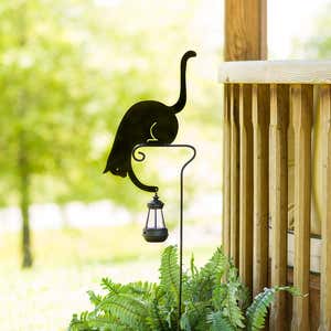 Black Metal Silhouette Garden Stake of Cat Holding a Solar-Powered Lantern
