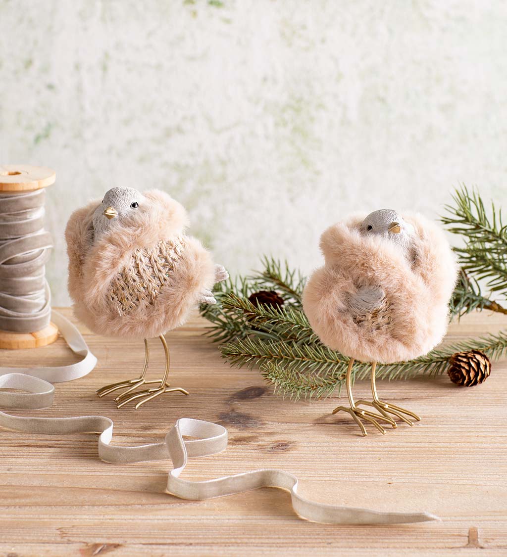 Golden Beaked Holiday Baby Chicks with Tan Knitted Coats with Faux Fur Trim, Set of 2