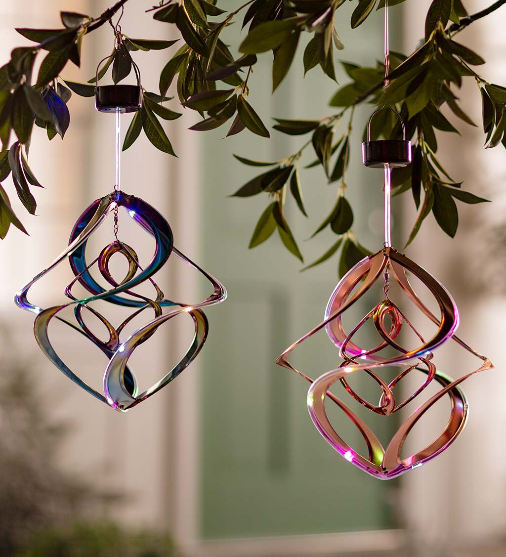 Rainbow Iridescent Double Helix Hanging Metal Wind Spinner with Solar-Powered LED Lights
