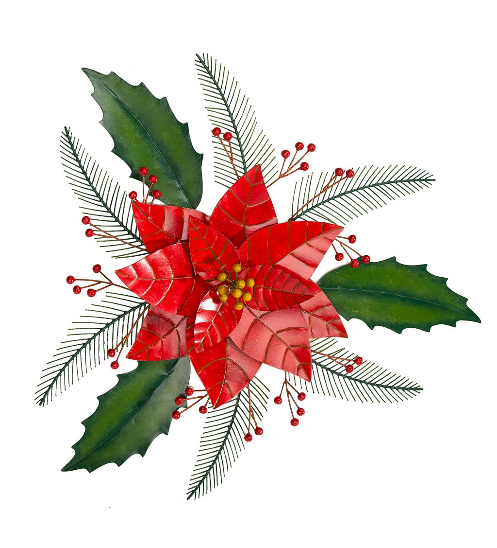 Handcrafted Indoor/Outdoor Metal Poinsettia and Holly Wall Art