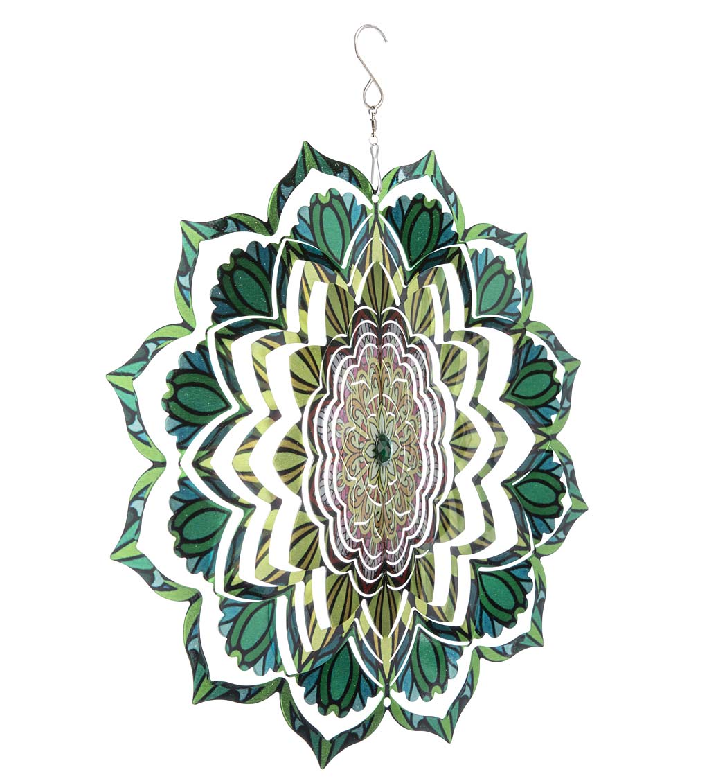 Green Mandala Optical Illusion Hanging Metal Spinner