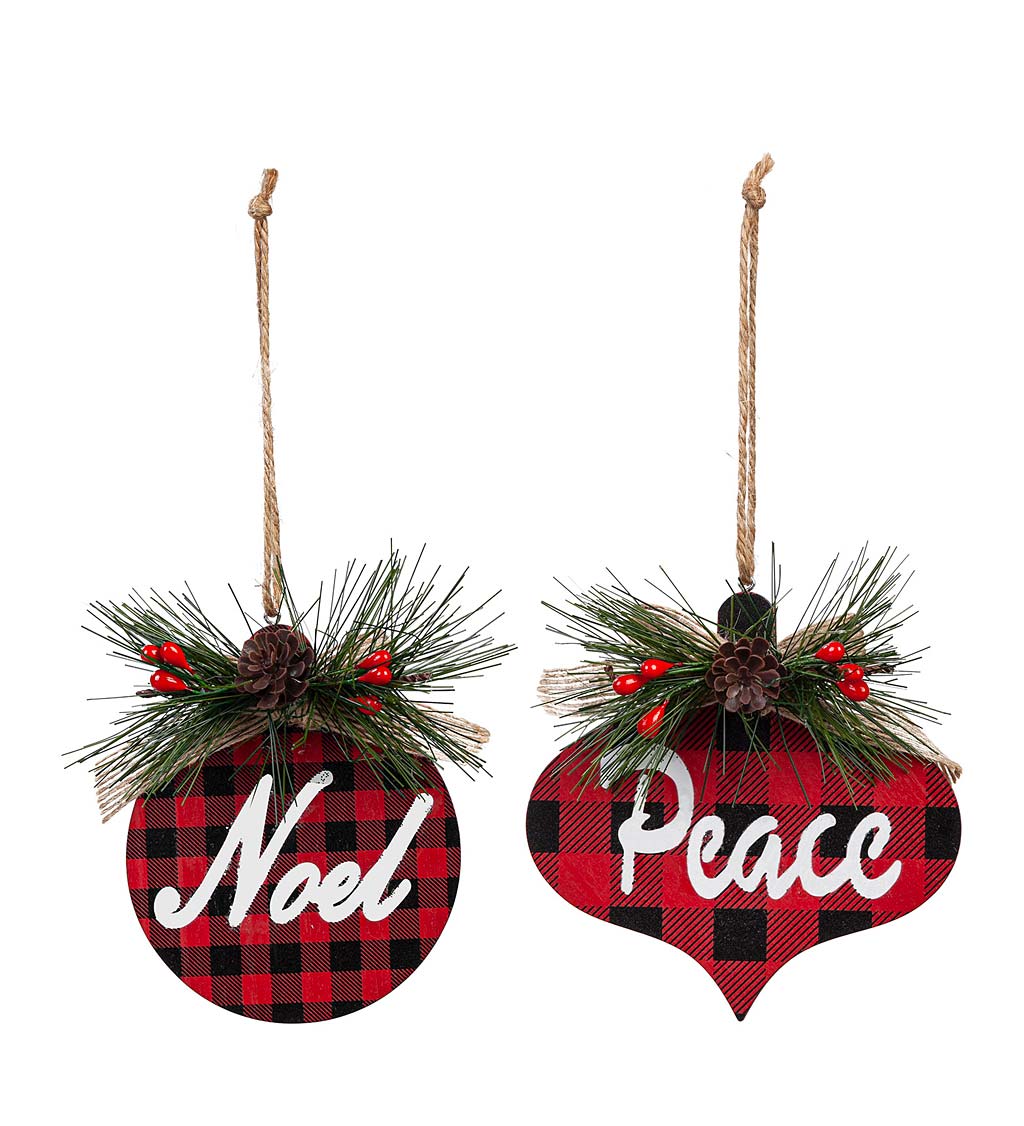Wooden "Peace" and "Noel" Plaid Christmas Tree Ornaments, Set of 2