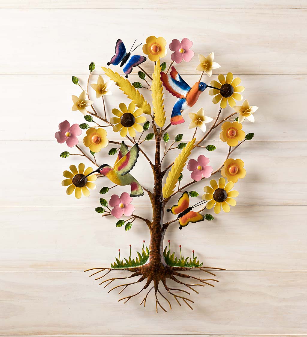 Reclaimed Metal Tree of Life Wall Art with Hummingbirds, Butterflies and Sunflowers