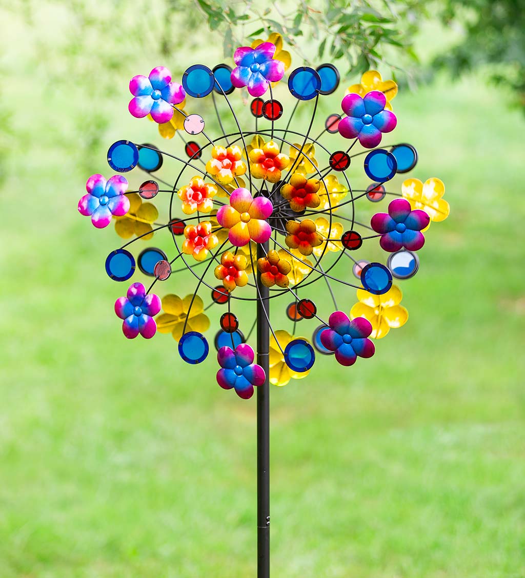 Colorful Blooms Metal Wind Spinner with Red and Blue Acrylic Discs