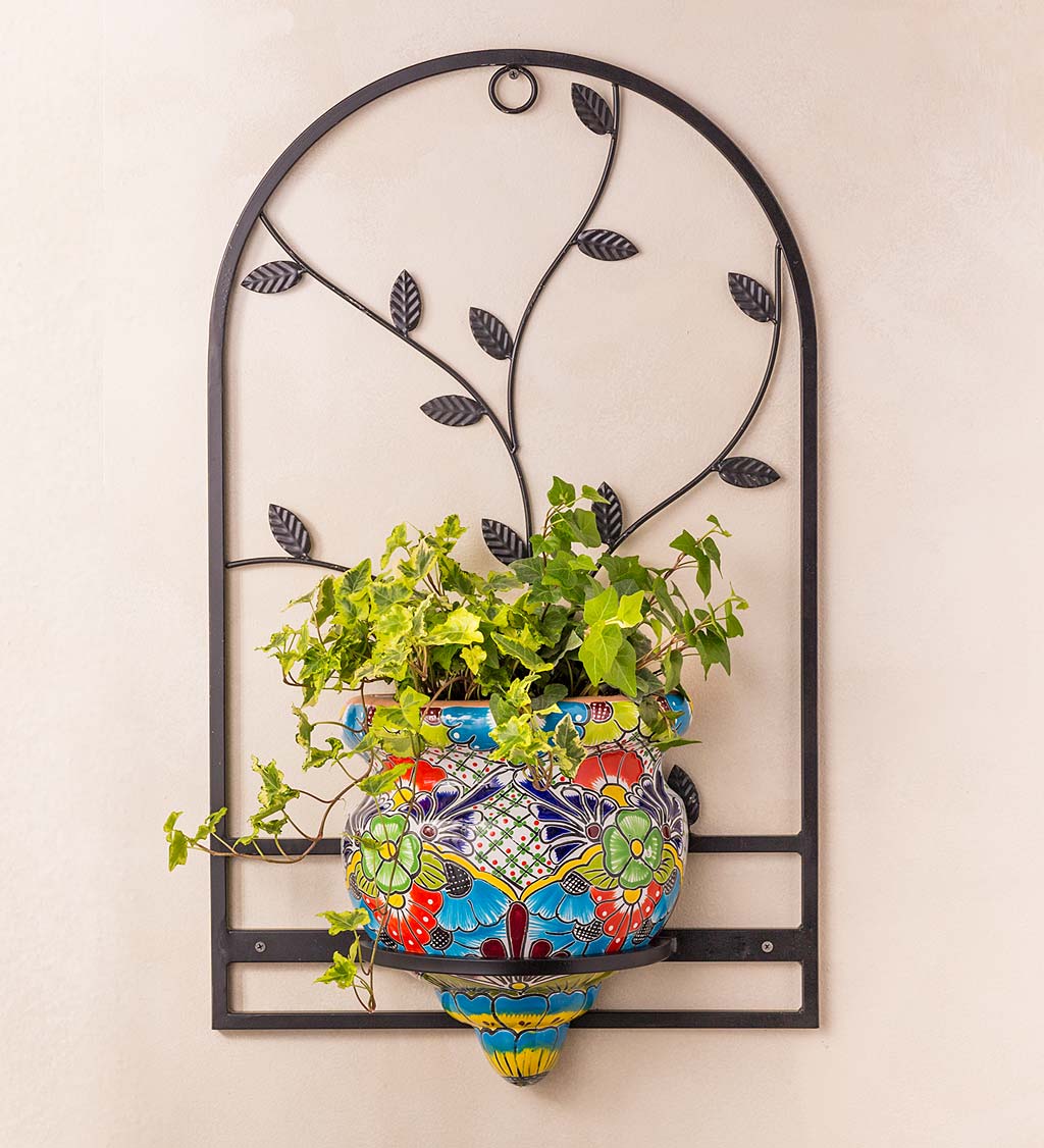 Talavera-Inspired Wall Planter and Wrought Iron Hanger