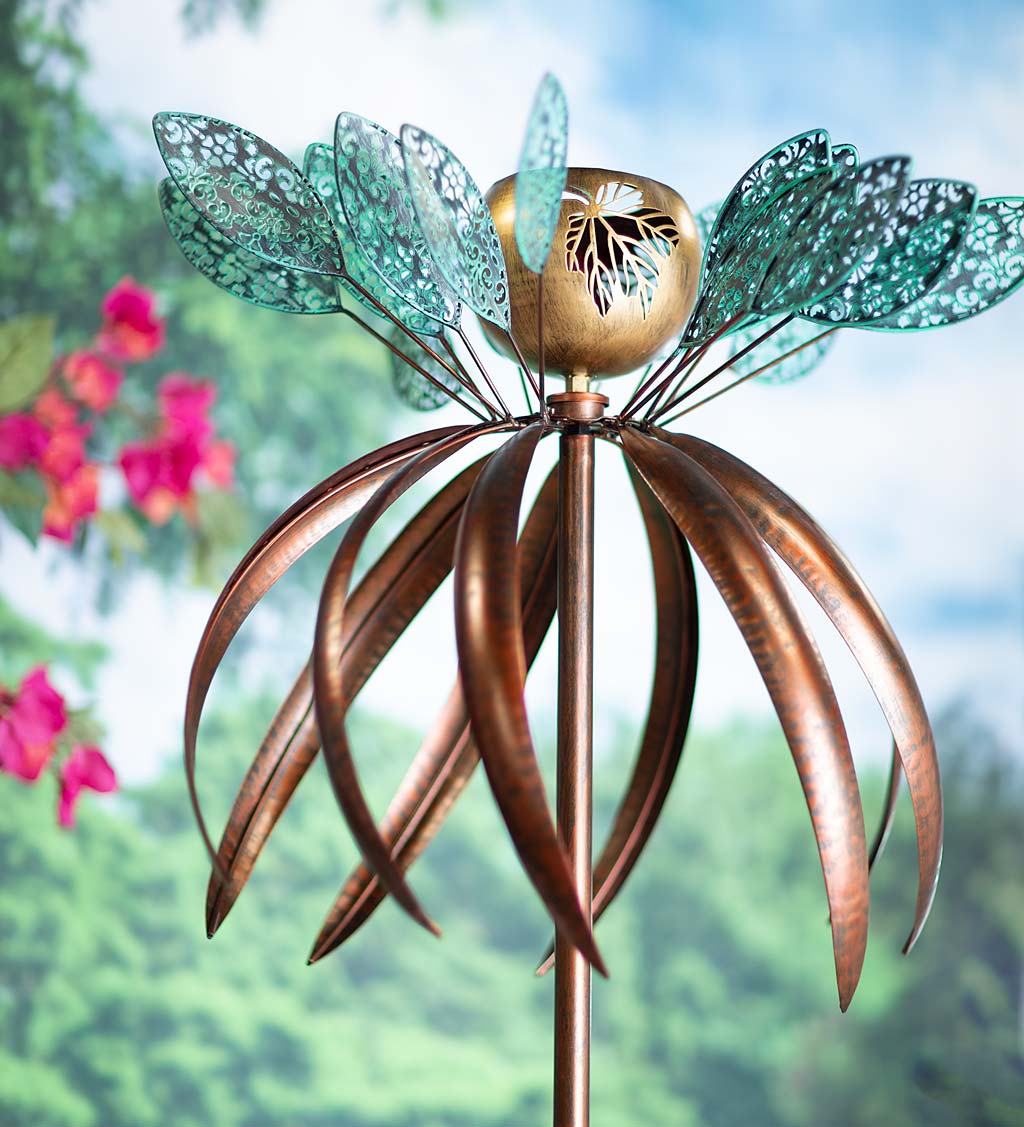 Patina Leaves and Bronze-Colored Swirls Metal Wind Spinner with Golden Laser-Cut Leaf