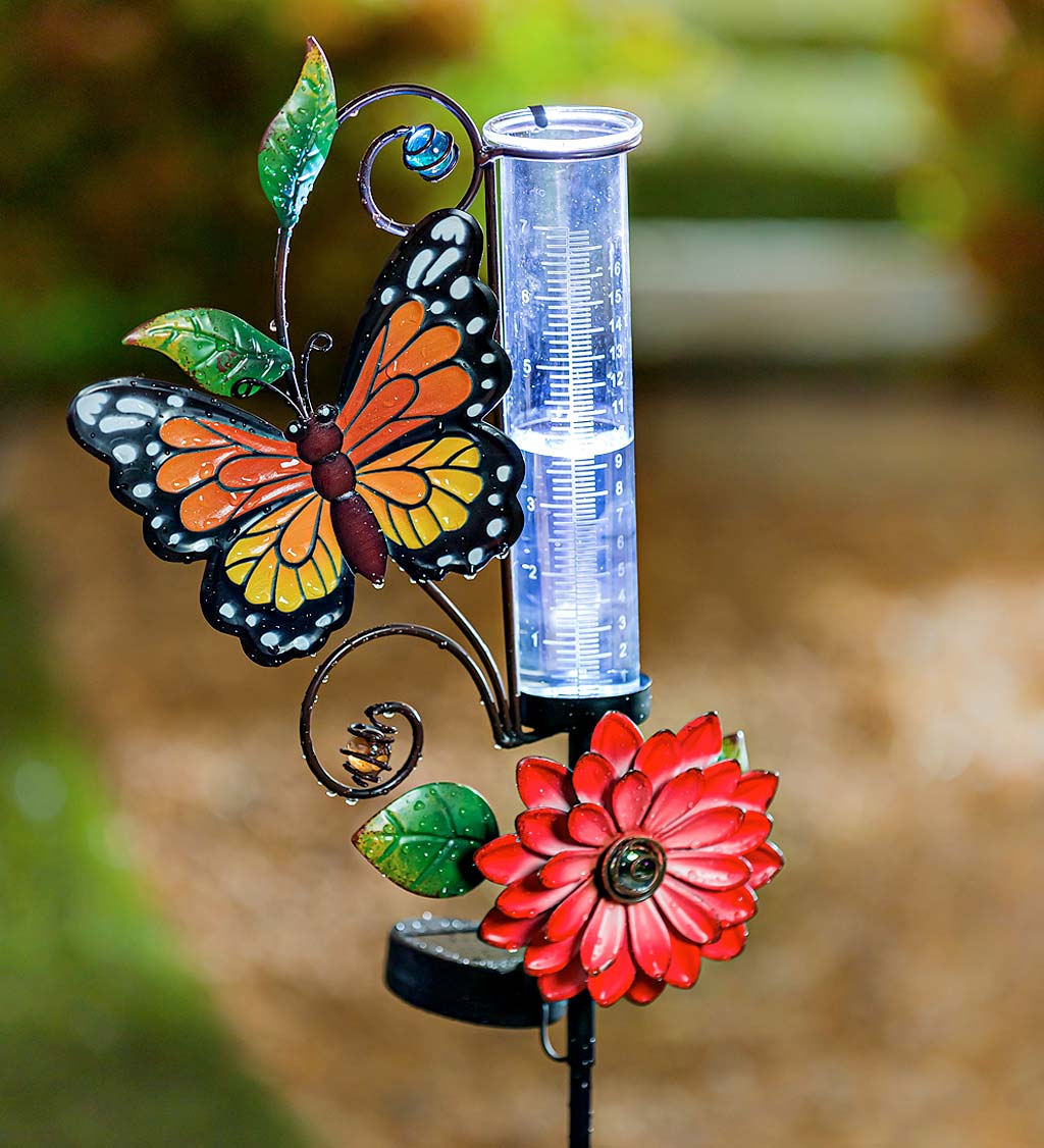 Monarch Butterfly Solar Rain Gauge Garden Stake