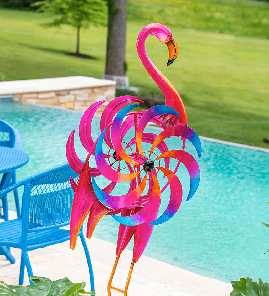 Free-Standing Pink Flamingo Wind Spinner