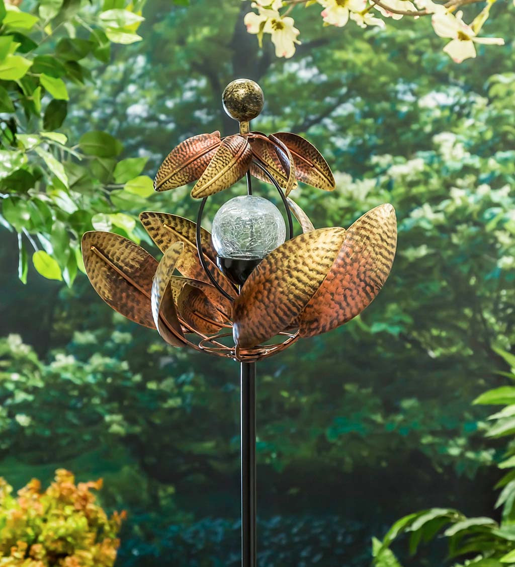 Solar Copper Flower Wind Spinner with Crackle Glass Orb