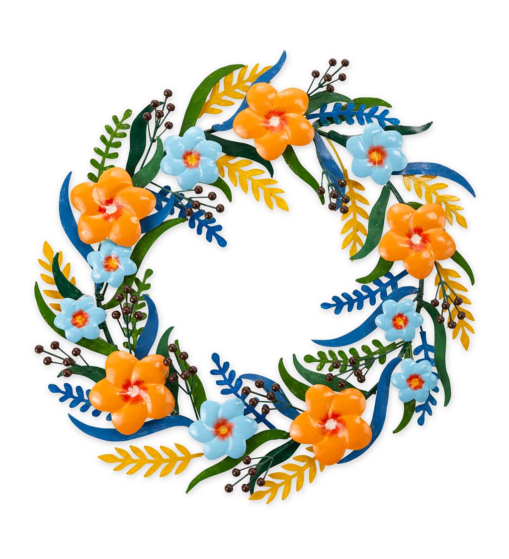 Handcrafted Metal Floral Wreath with Peach and Blue Blossoms