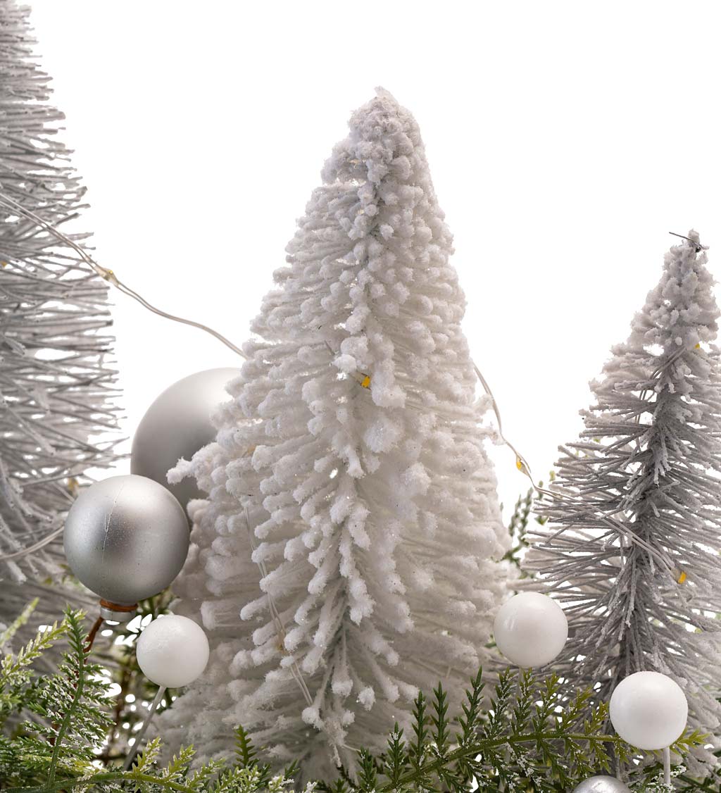 LED Lighted Centerpiece With Evergreen Trees and Frosted Silver Accents