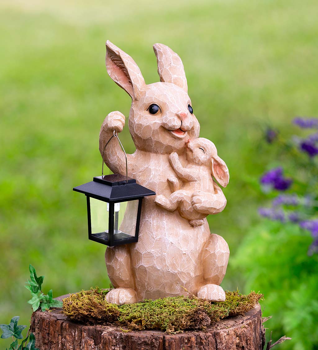 Mama and Baby Bunny with Solar Lantern Statue