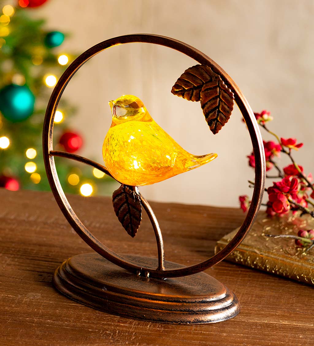 Lighted Glass Bird Sculpture with Metal Frame and Base
