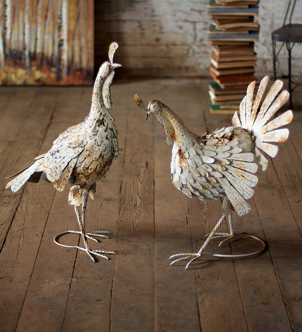 Rustic Metal Turkeys with Weathered White Finish, Set of 2