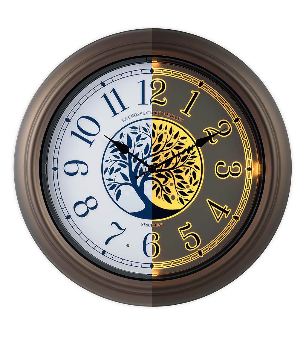 Indoor/Outdoor Analog Wall Clock with Auto-Light and Tree Design