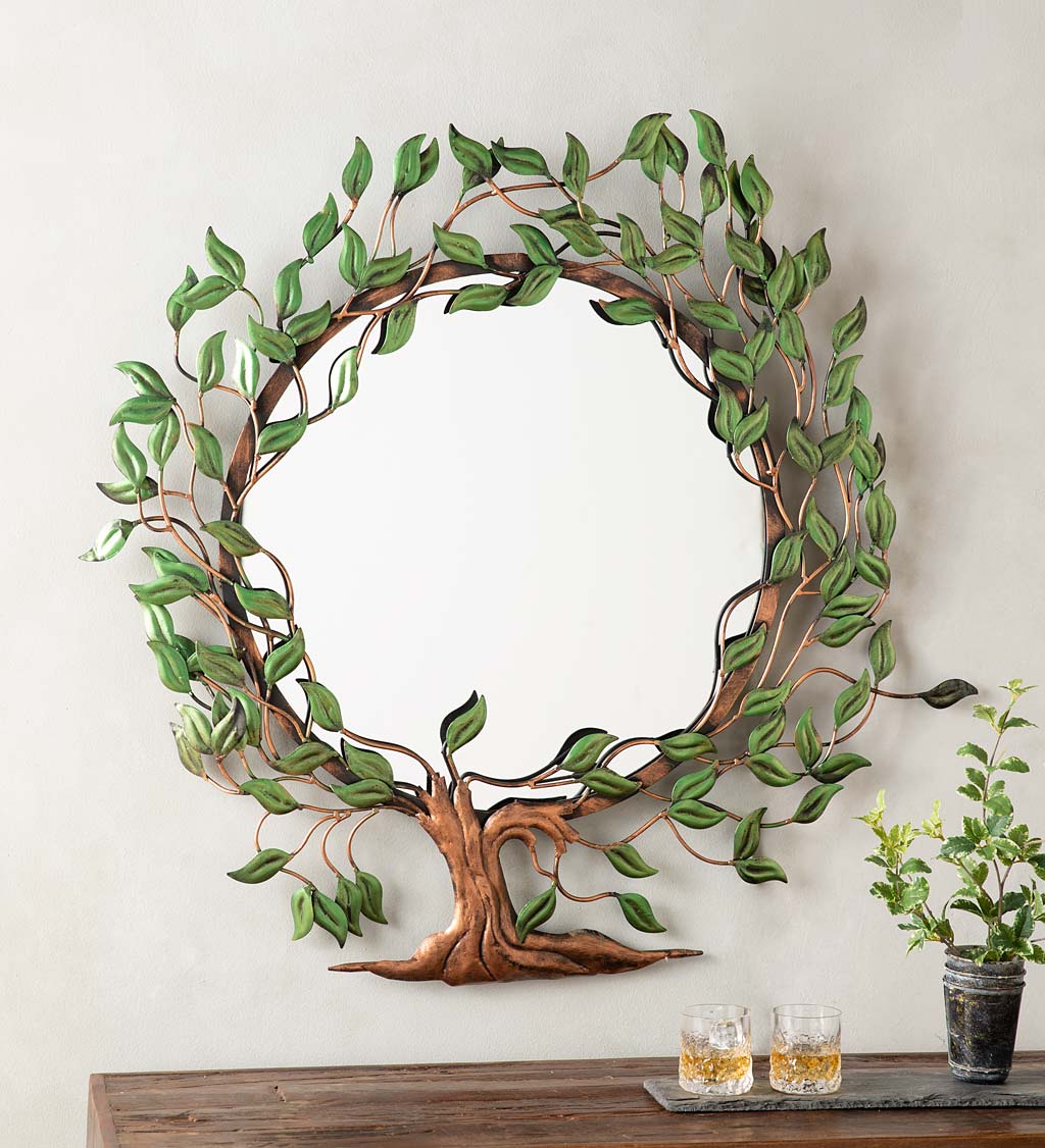 Oversize Green and Copper-Colored Metal Round Tree of Life Mirror