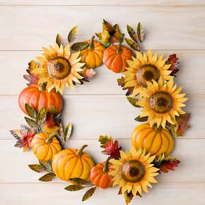 Handcrafted Metal Sunflower and Pumpkin Autumn Wreath
