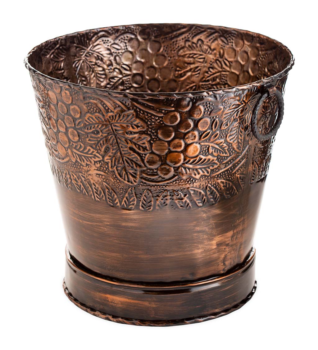 Iron Planter Buckets with Dark Bronze Finish and Embossed Floral Pattern, Set of 2