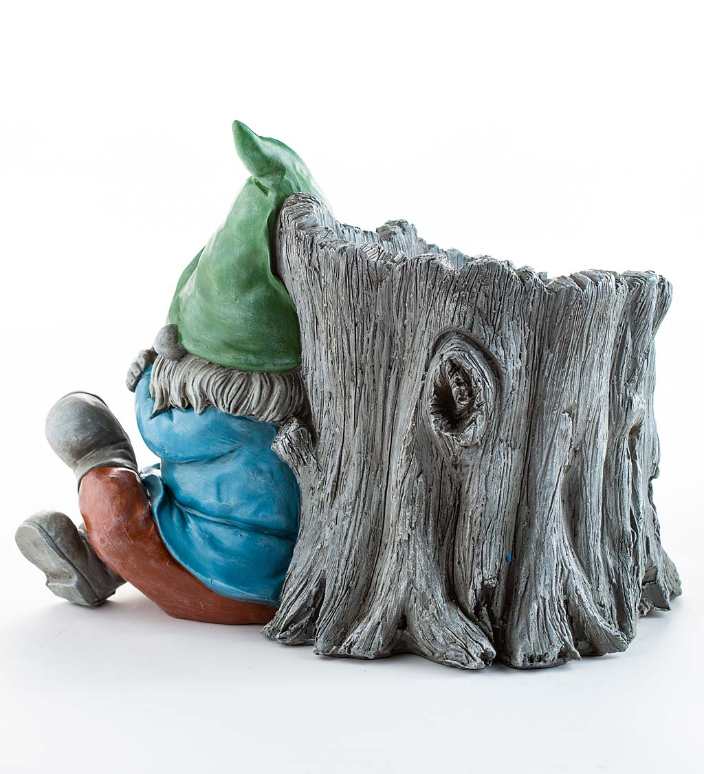 Gnome and Tree Stump Resin Outdoor Planter with Drainage Hole