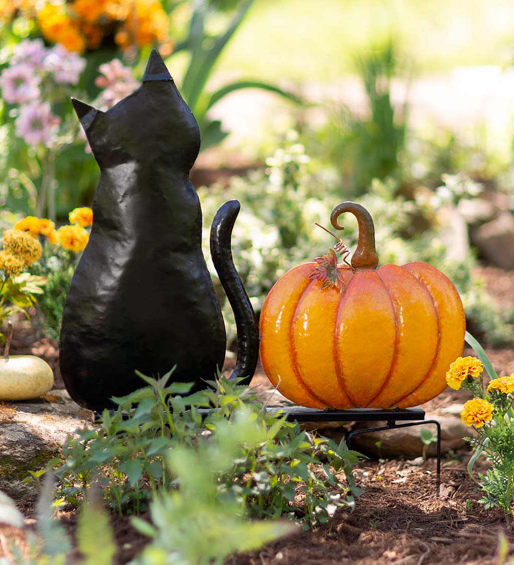 Metal Black Cat Silhouette and Pumpkin Garden Stake