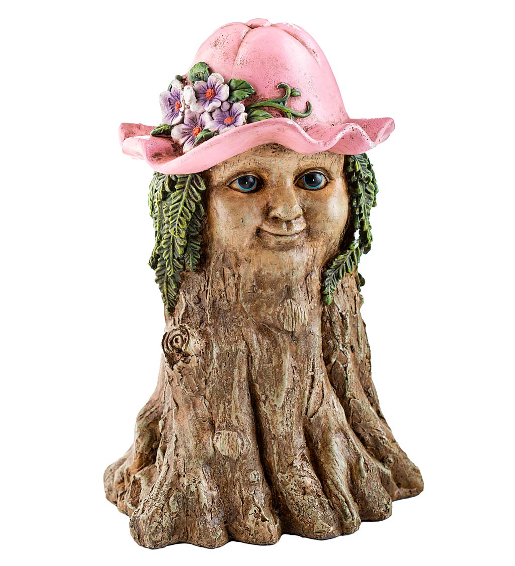 Resin Indoor/Outdoor Tree Girl with Pink Hat and Leafy Hair Garden Sculpture