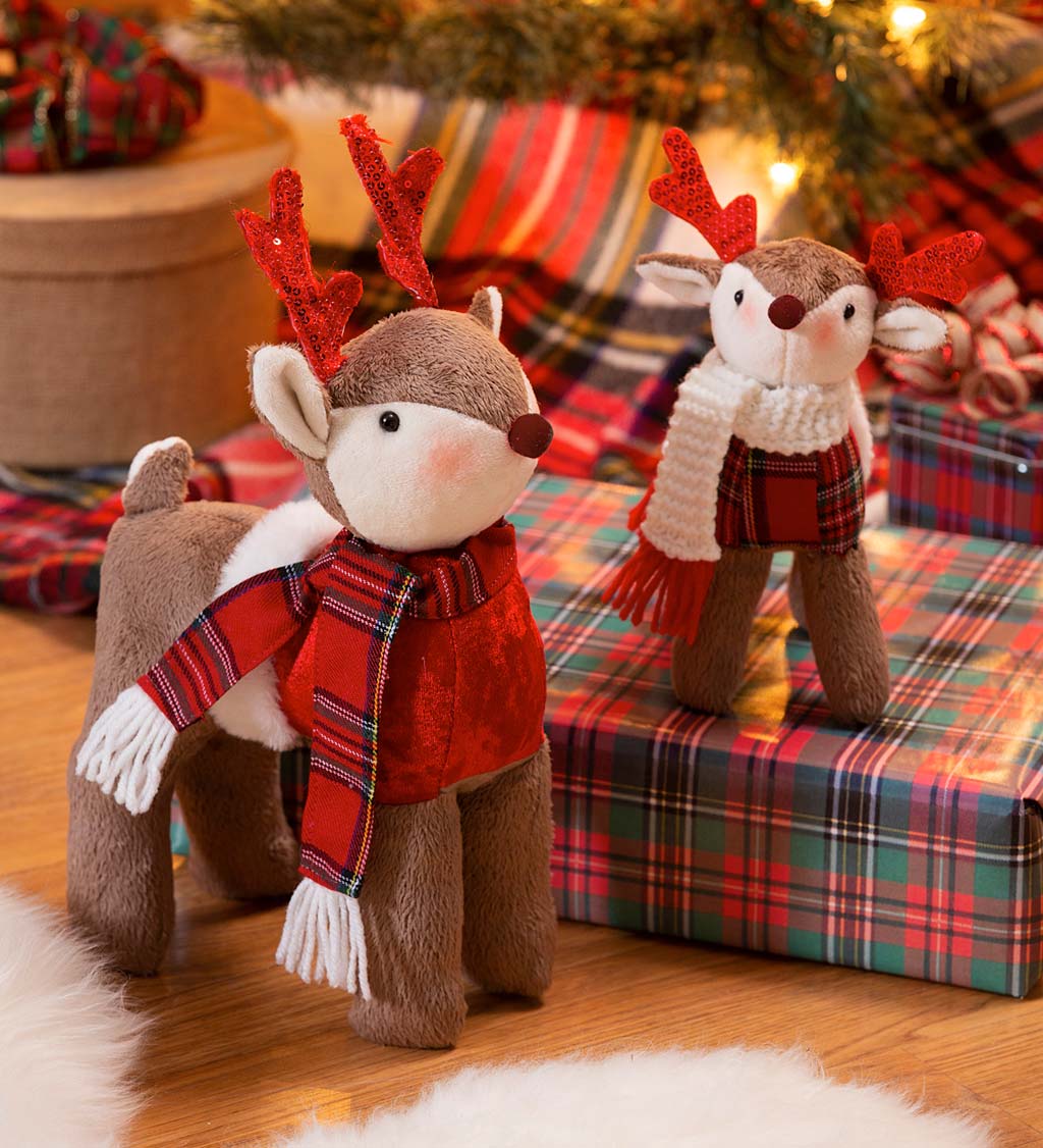 Plush Holiday Deer with Tartan Accents, Set of 2