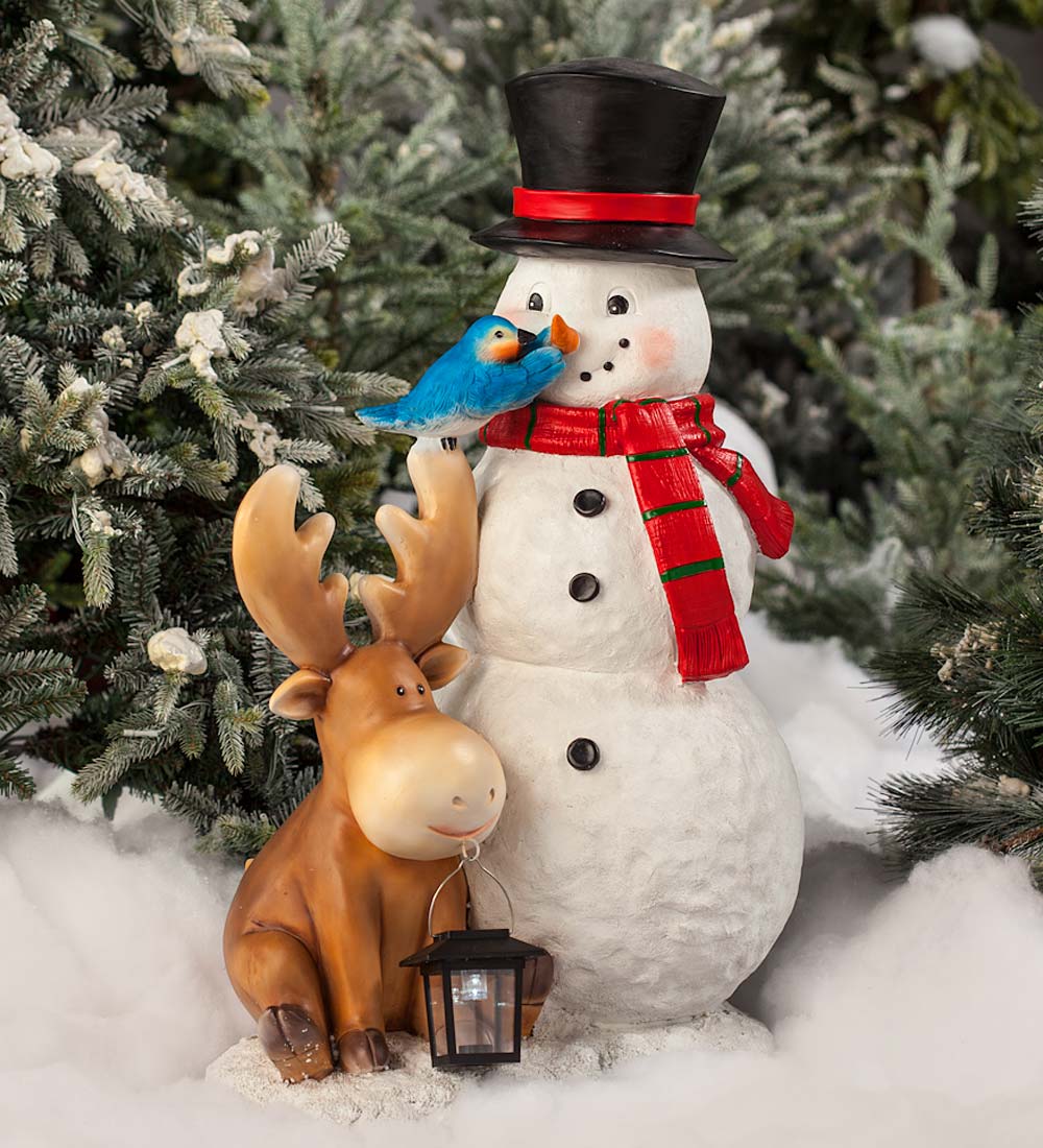 Snowman and Animals Solar Holiday Figurine