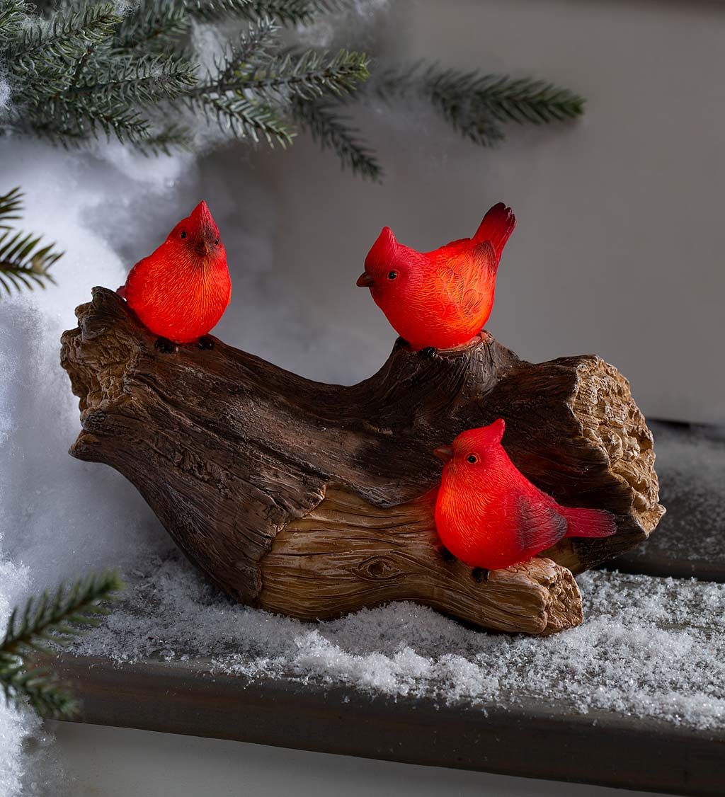 Solar-Lighted Three Cardinals on a Log Outdoor Sculpture