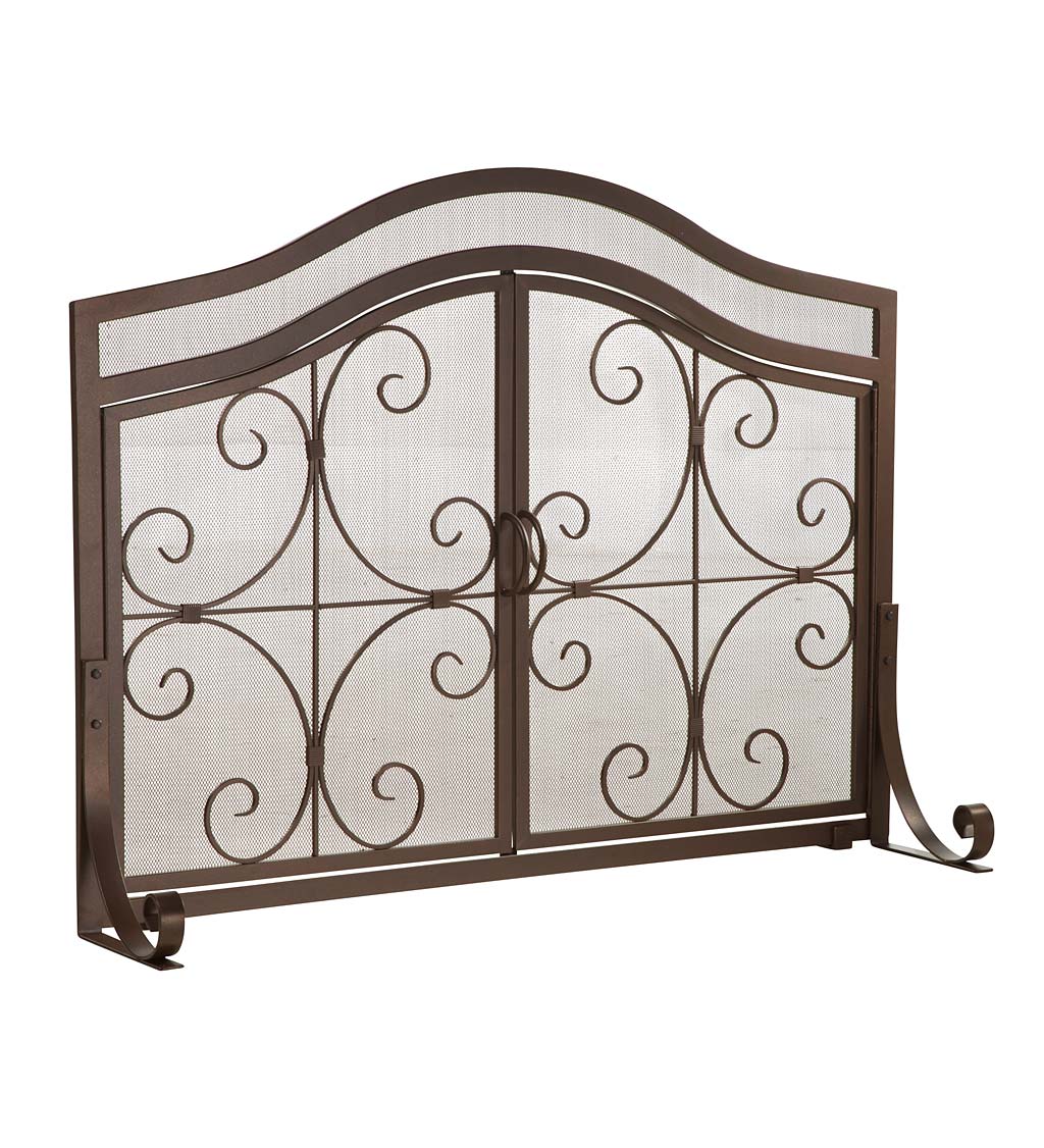 Small Steel Crest Fireplace Screen with Doors and Scrollwork swatch image