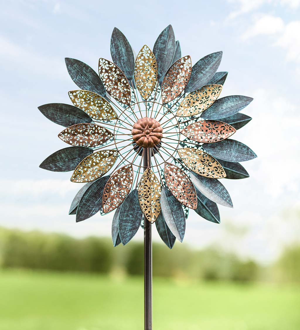 Metal Wind Spinner with Patina-Like Blue, Golden and Bronze-Colored Leaves with Intricate Filigree Cutouts
