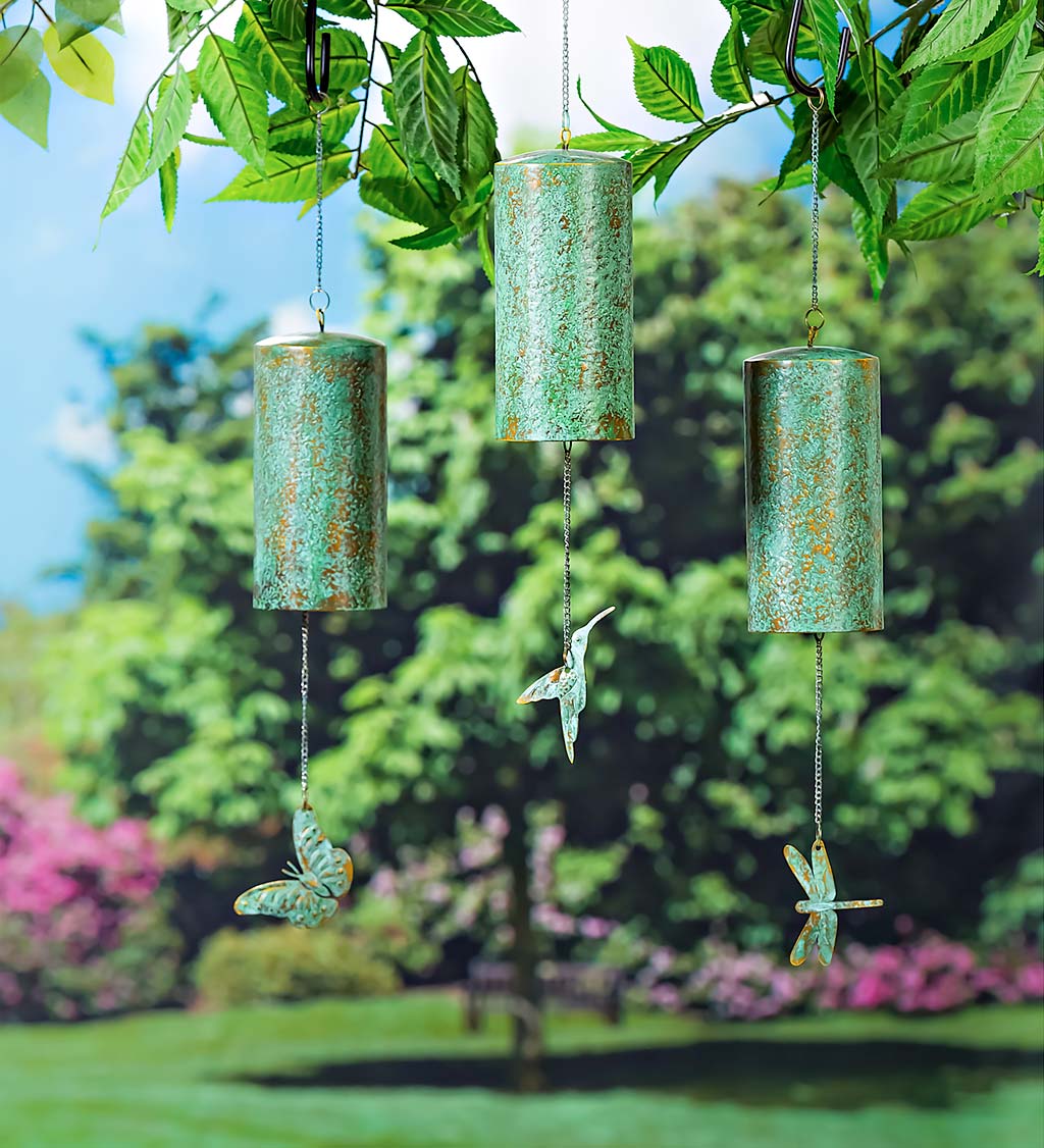 Metal Wind Bell Chimes with Gold and Verdigris Artisan Finish, Set of 3
